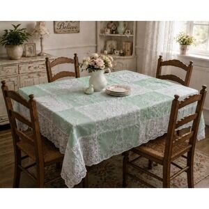 Vintage Handmade Tablecloth 88x66 Embroidered Lace Green Romantic Provence